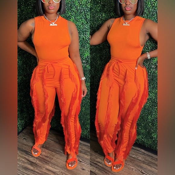 Orange Casual Tank Top & Tassel Decor Drawstring Pants Set - Picture 2 of 2